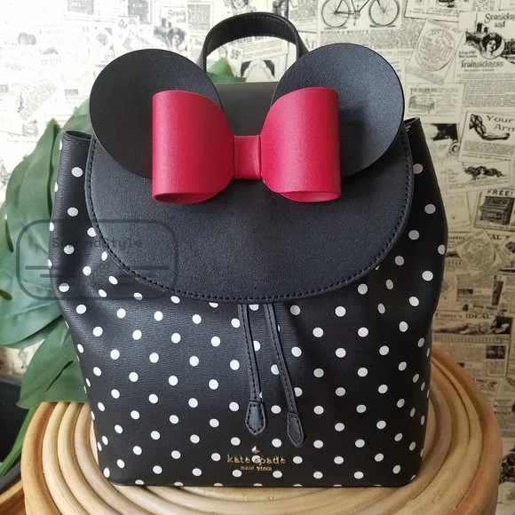 Kate Spade NWT Minnie Mouse Polka Dot Black Medium Backpack Refined Leather - Picture 1 of 10